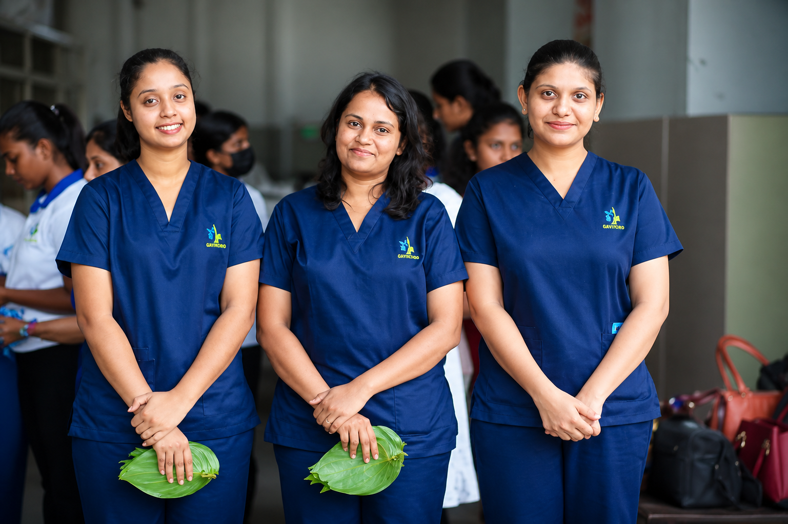 Team in branded Gavindro navy scrubs